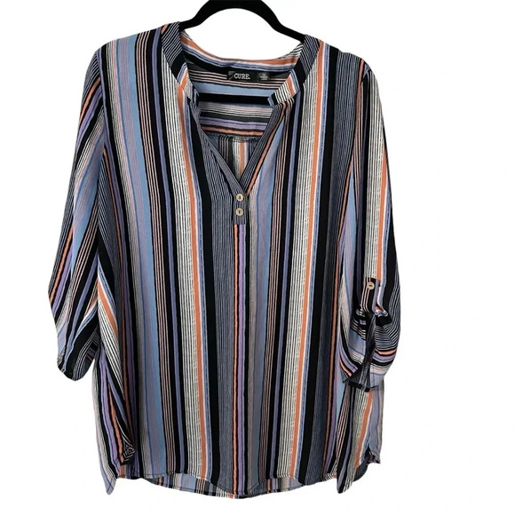 Cure Women’s 3/4 Sleeve Buttoned V-Neck Striped Blouse Size 1XL GUC - Picture 1 of 8